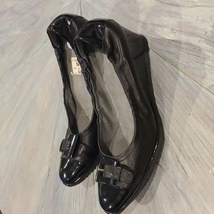 Stuart Weitzman black leather with patent leather wedge heels